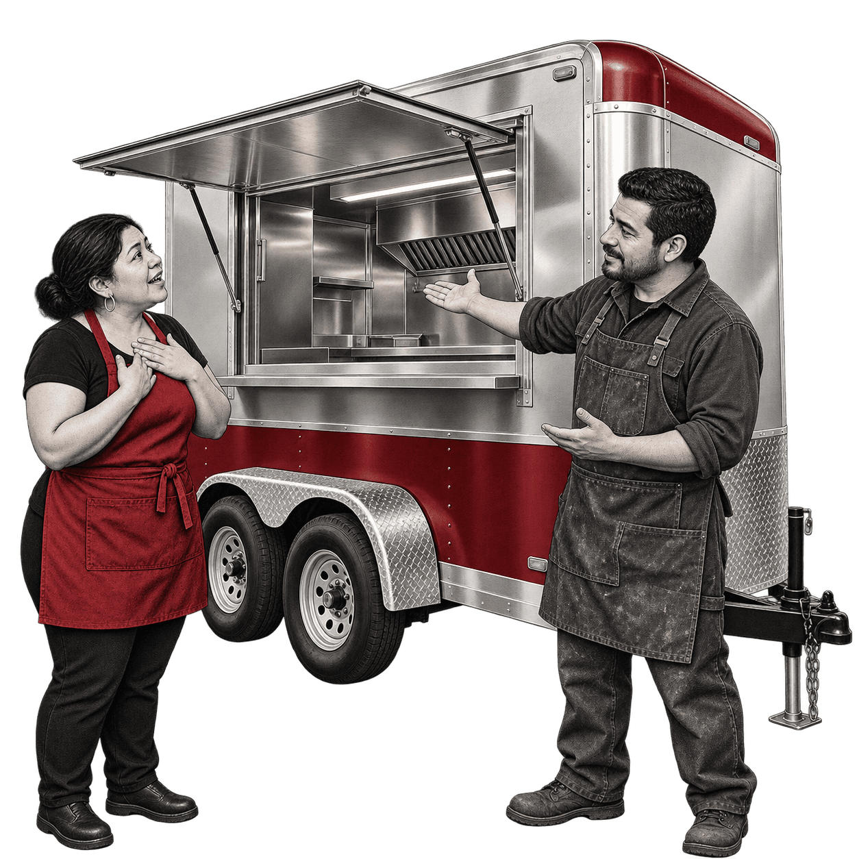 Ilustración: Álvaro mostrándole a Rosa un food trailer terminado