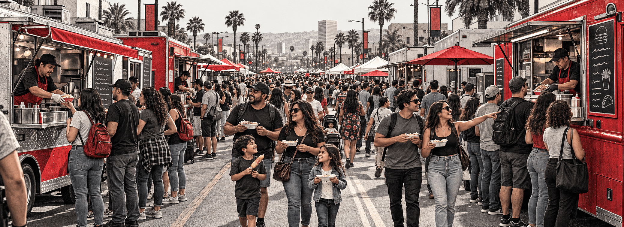 Ilustración: una calle de festival llena de food trucks y food trailers en ambos lados, con filas de gente y una multitud caminando por el centro
