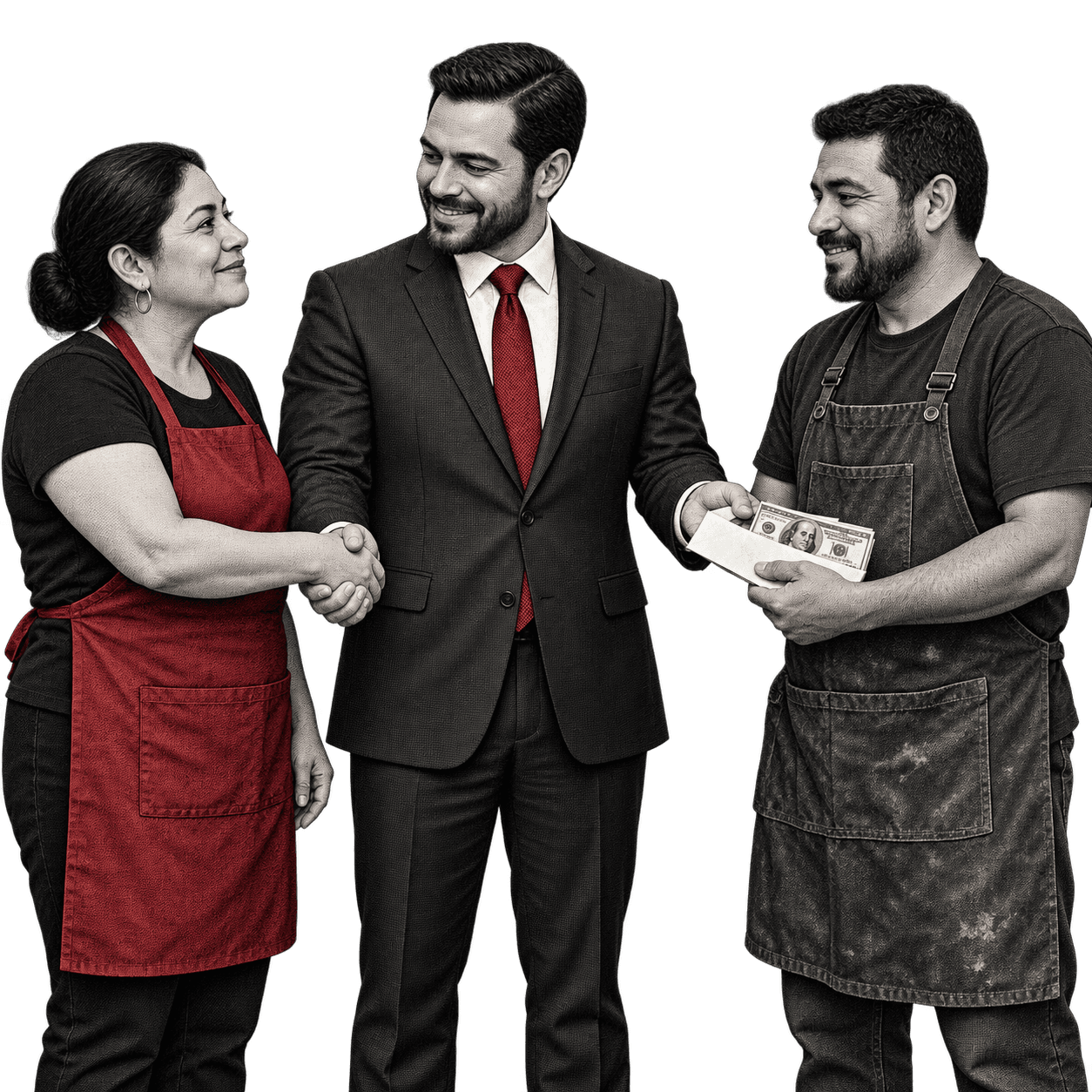 Ilustración: Rosa saludando al representante financiero mientras este entrega los fondos a Álvaro