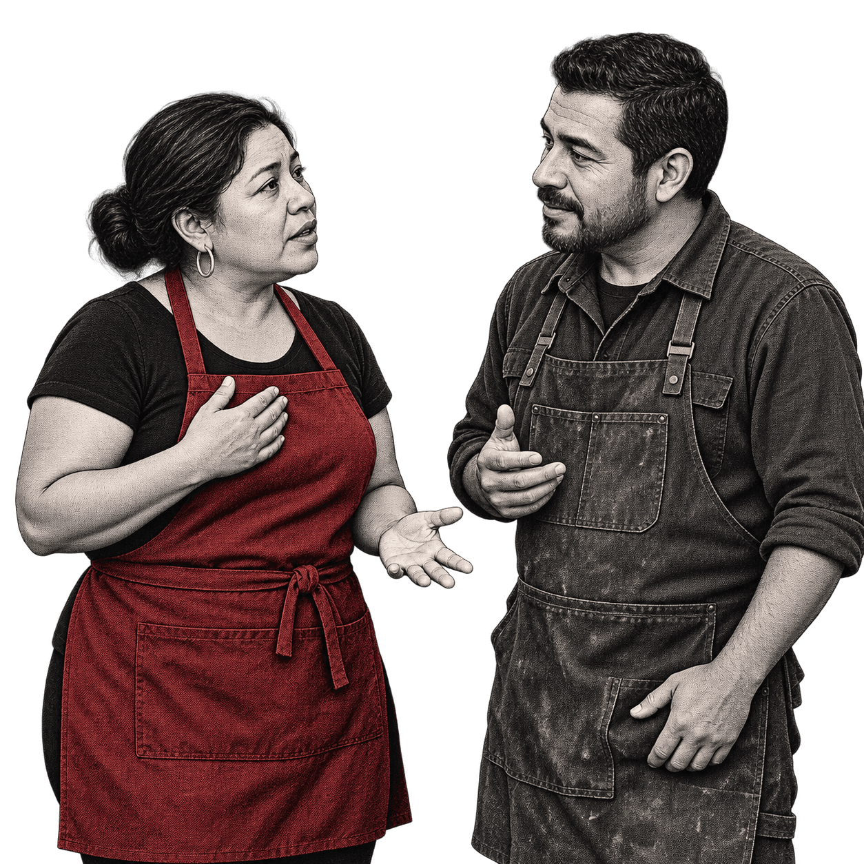 Ilustración: Rosa explicándole su situación a Álvaro, los dos de pie