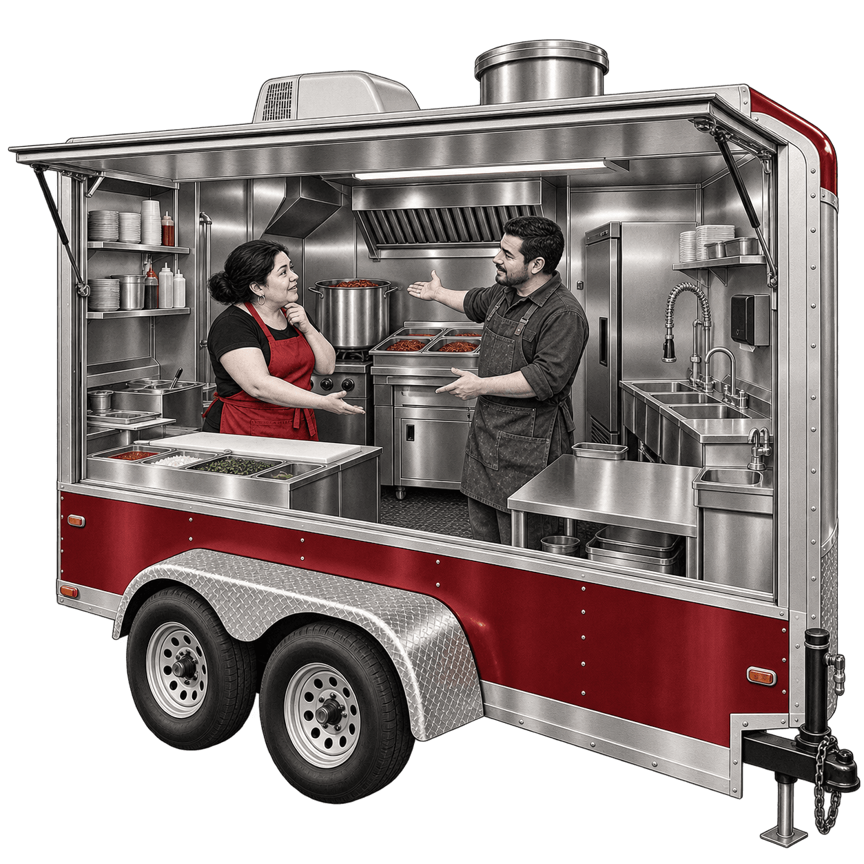 Ilustración: Rosa y Álvaro dentro de un food trailer equipado para preparar birria