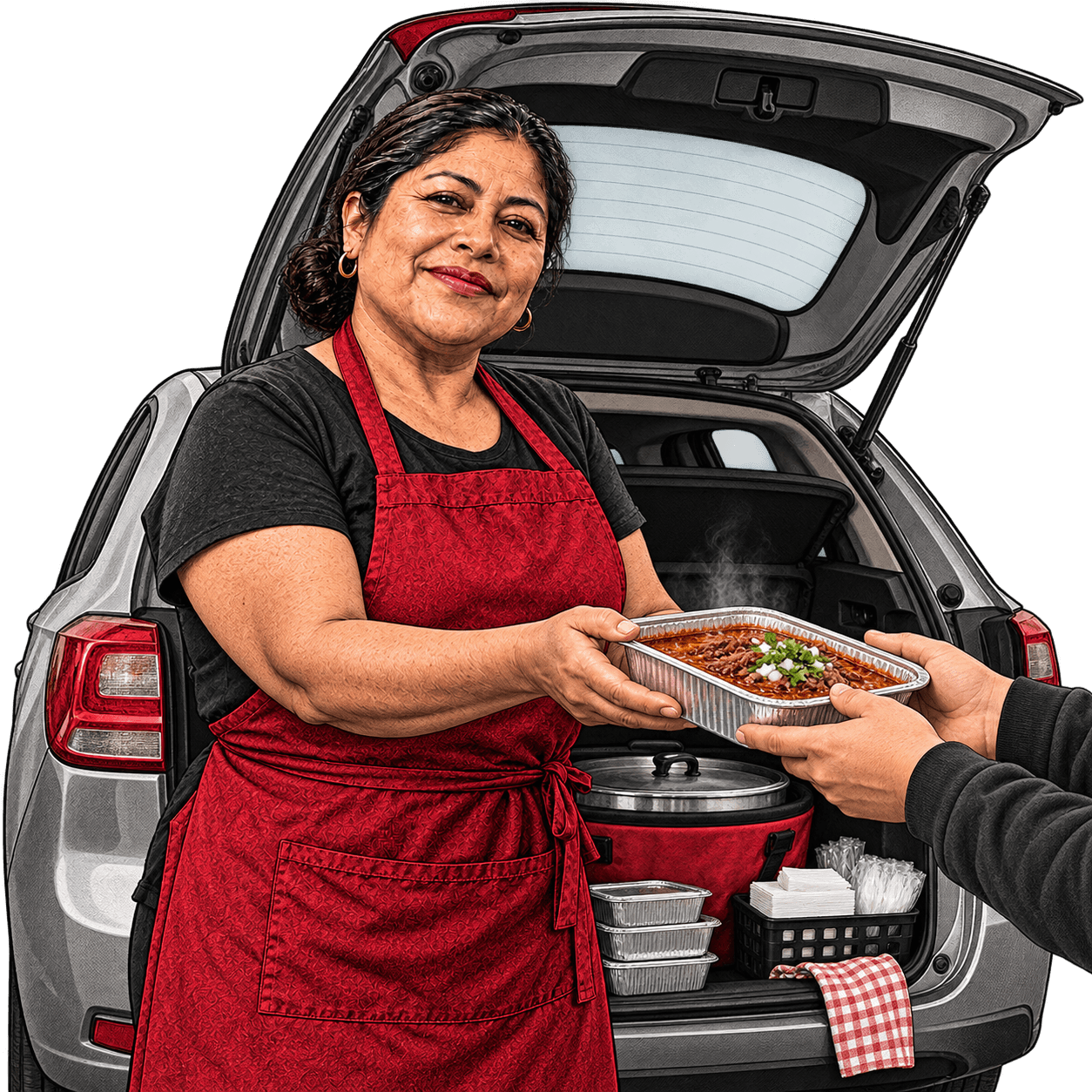 Ilustración: Rosa vendiendo birria desde la cajuela abierta de su coche