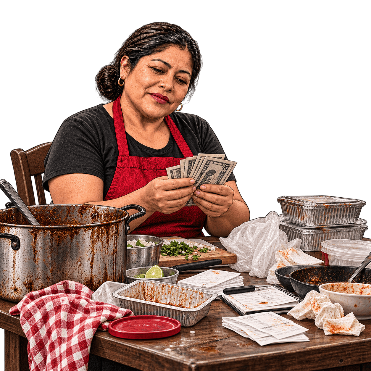 Ilustración: Rosa contando dinero en la mesa de su cocina, entre el desorden de cocinar y vender