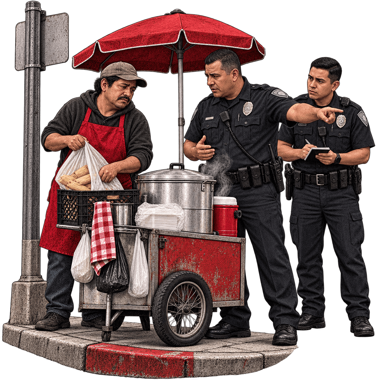 Ilustración: dos policías pidiéndole a un tamalero que retire su puesto de la esquina