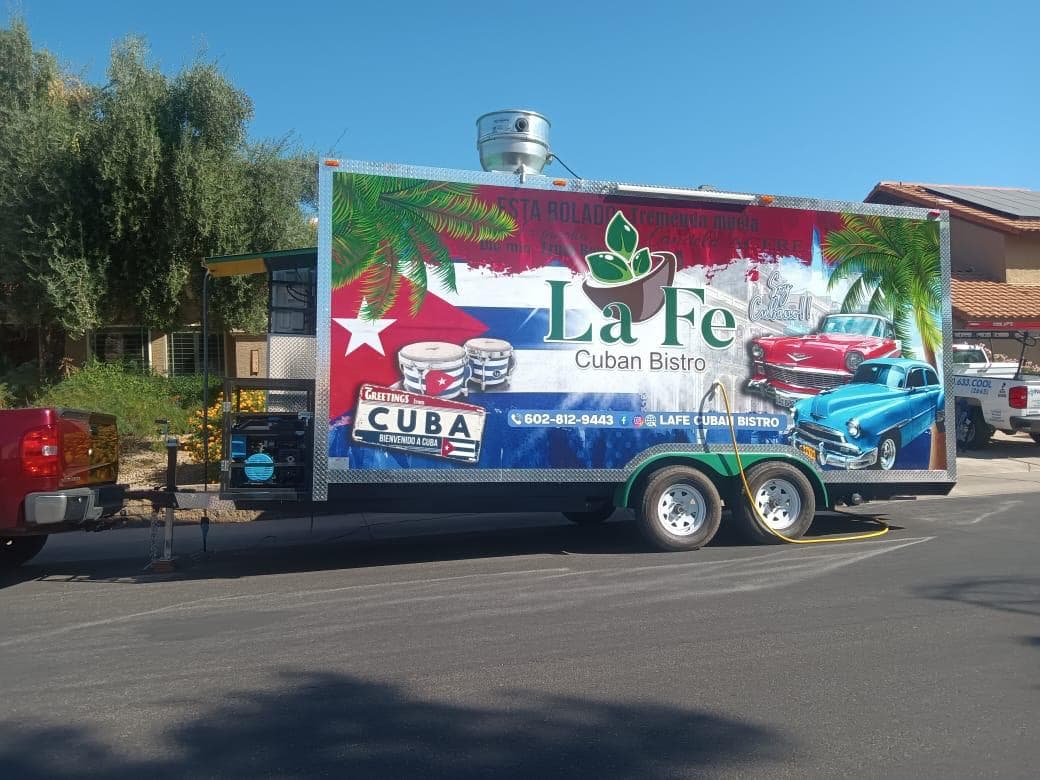 8 by 18 foot custom food trailer, exterior three-quarter view