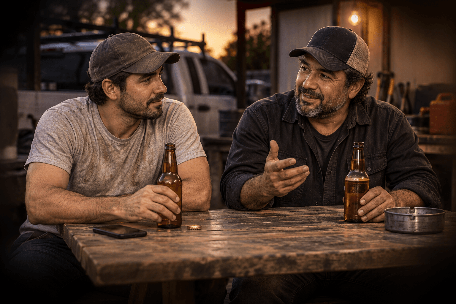 Ilustración: Víctor y su amigo Álvaro platicando con una cerveza en una mesa