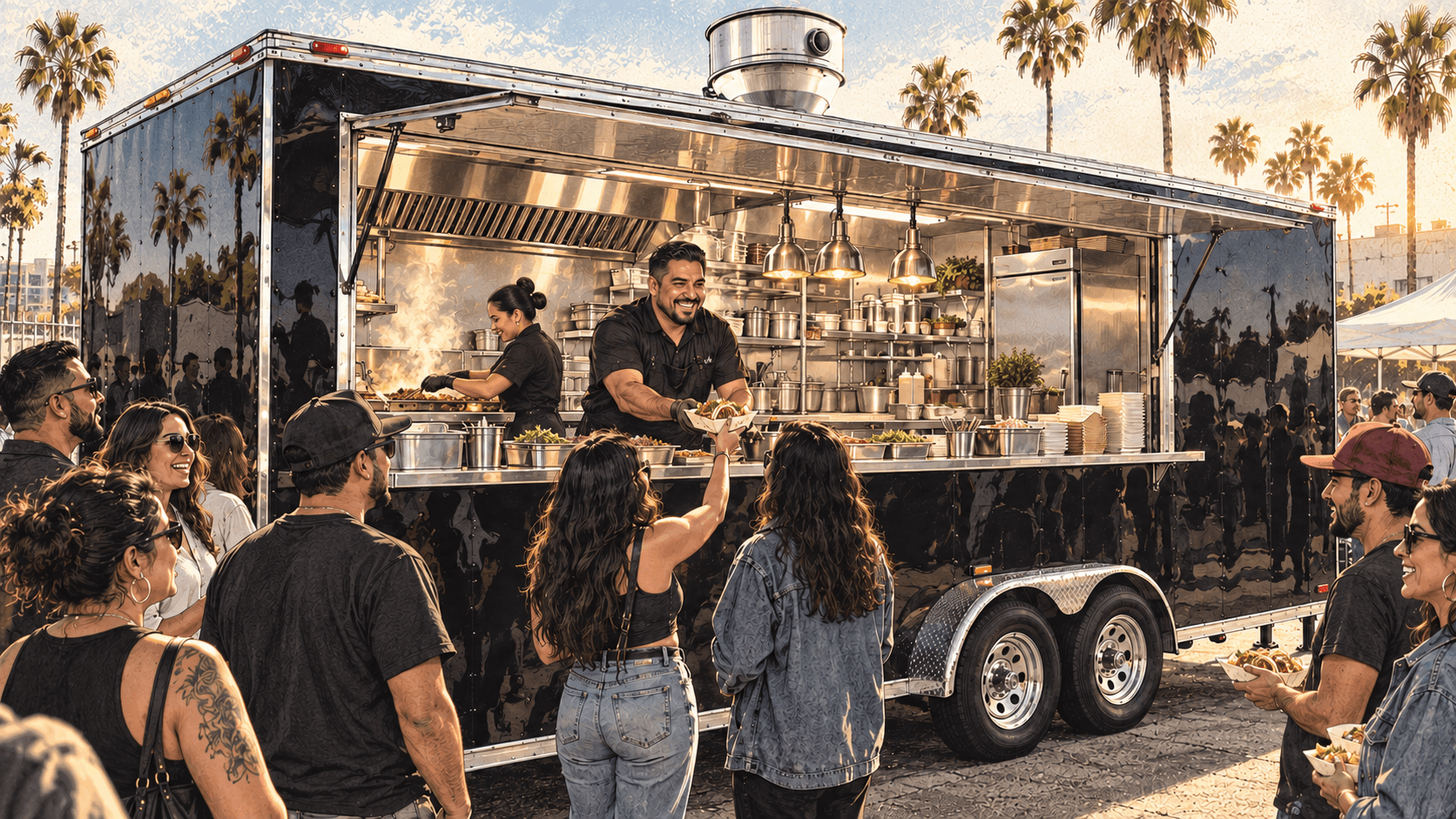 Food trailer con cocina comercial equipada operando durante un servicio concurrido