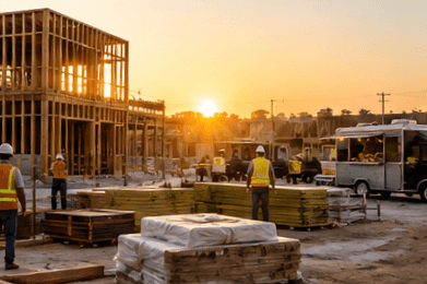 Ilustración: una obra en construcción con trabajadores