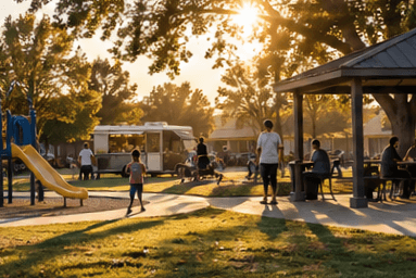 Ilustración: un parque del sur de California con familias