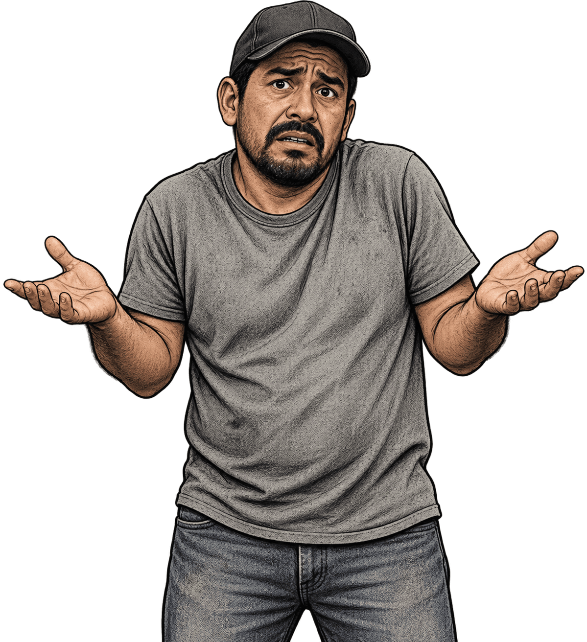 Ilustración: Víctor, confundido, levantando las manos porque no sabe cómo comenzar el negocio