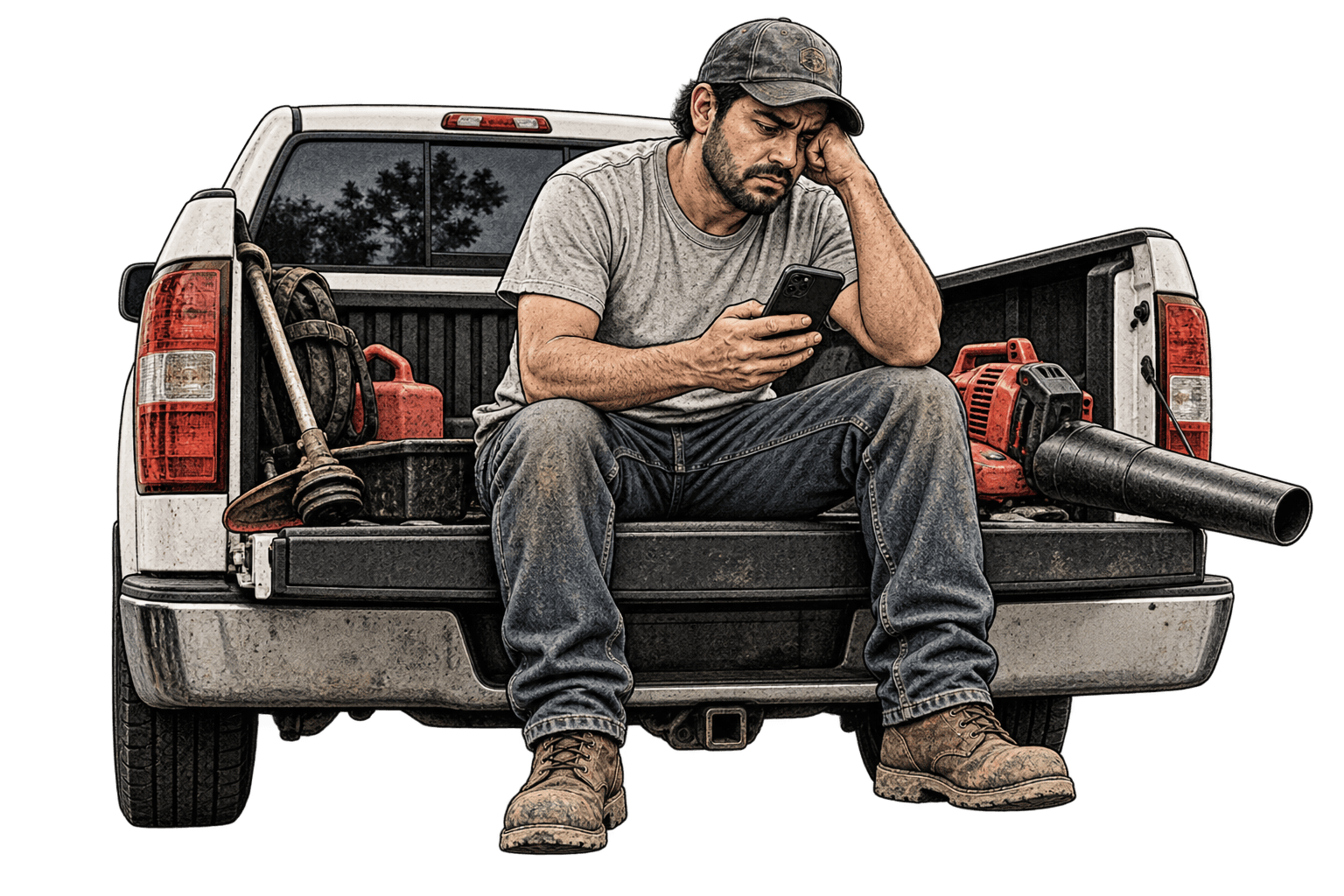 Ilustración: Víctor revisando su teléfono junto a sus herramientas