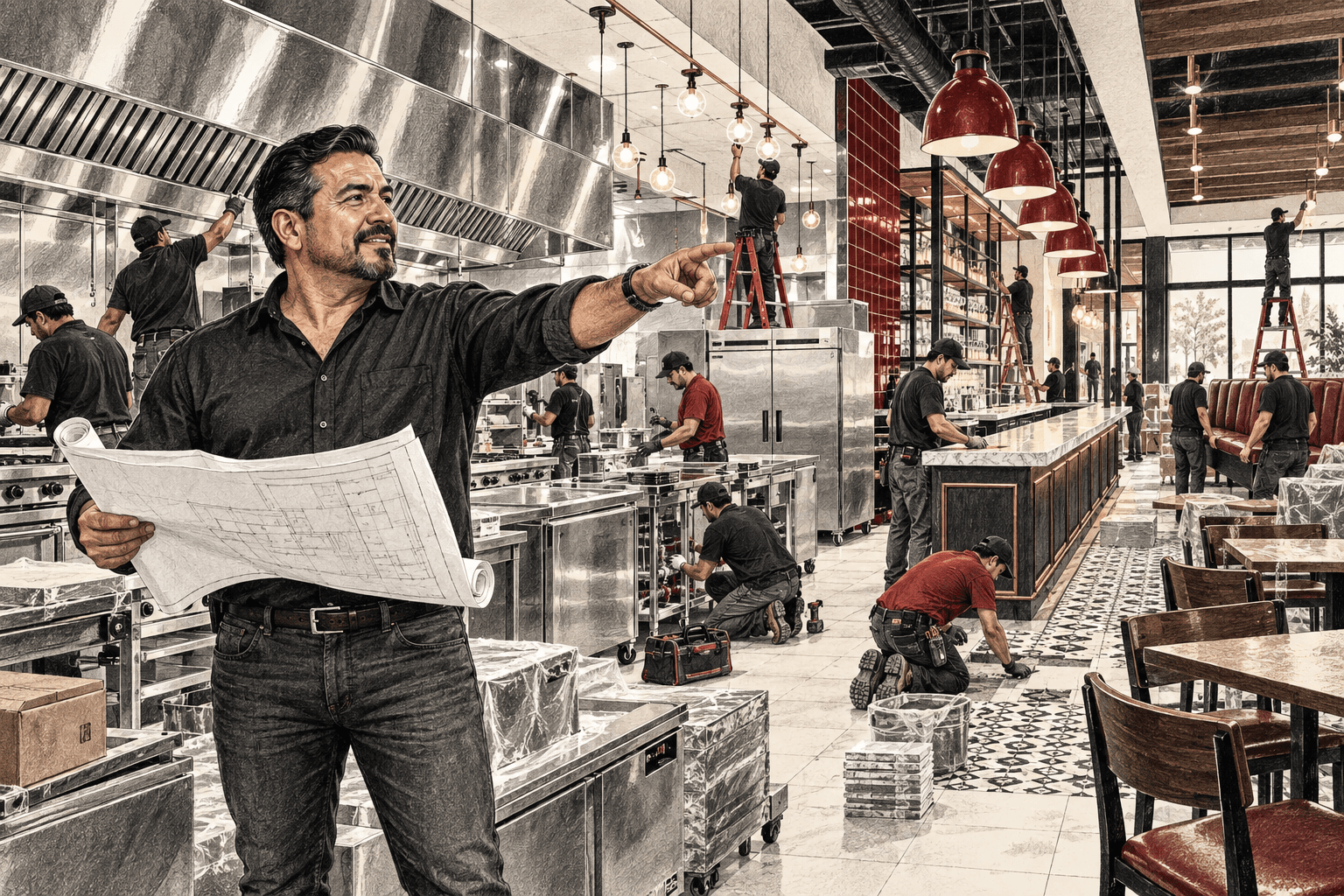 Ilustración: la construcción de un restaurante — equipo, obra y varios trabajadores